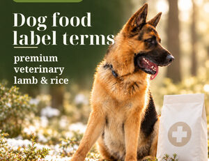 German shepherd beside a dog food bag in a woodland setting, with the heading “Dog food label terms”