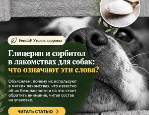 Крупный план носа собаки и ложка белых гранул во вставке; заголовок о глицерине и сорбитоле в лакомствах.